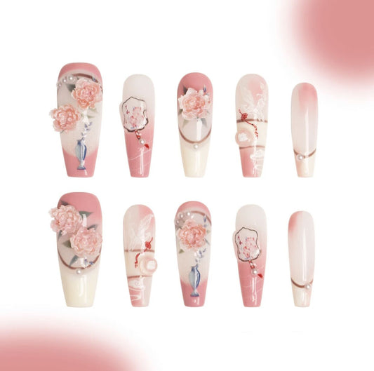 H318 Classical style peony HANDMADE NAIL