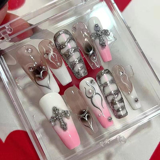 H238 CROSS PEACH PINK HANDMADE NAIL