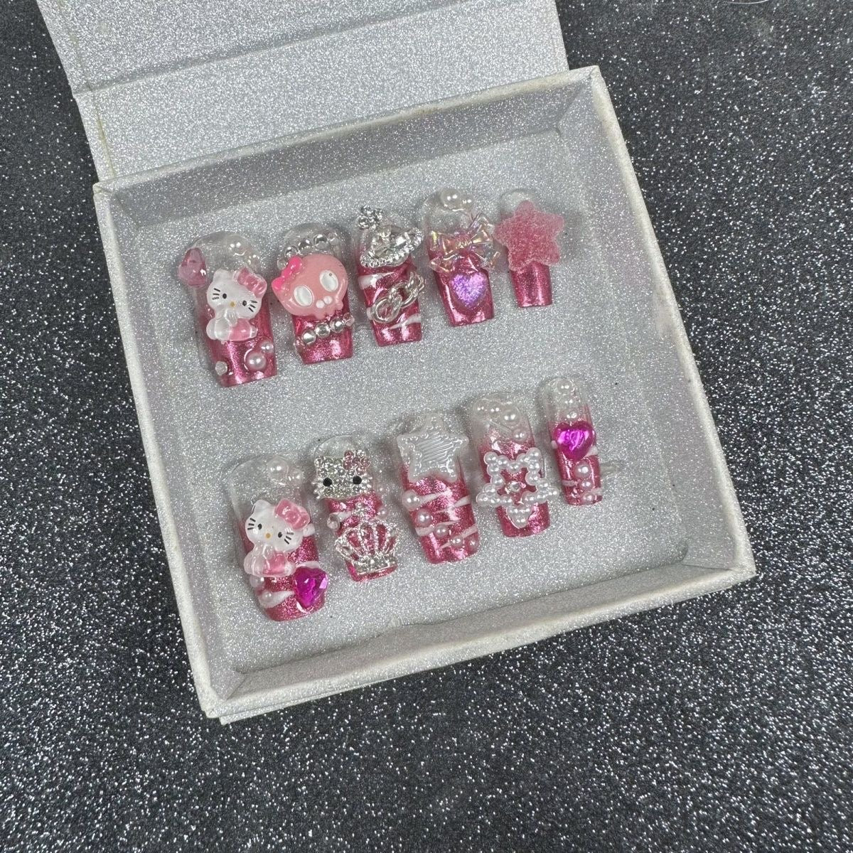 HK30 Pink Candy Skull Star Crown Cat HANDMADE NAIL
