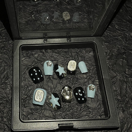 H75 BLACK DOTS & BLUE STARS HANDMADE NAIL