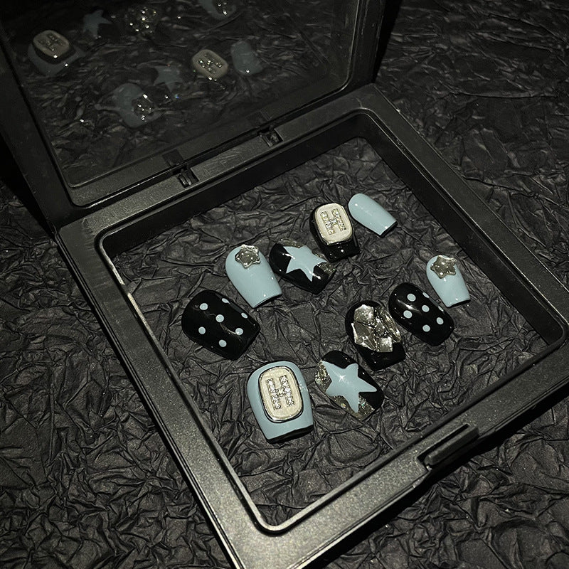 H75 BLACK DOTS & BLUE STARS HANDMADE NAIL