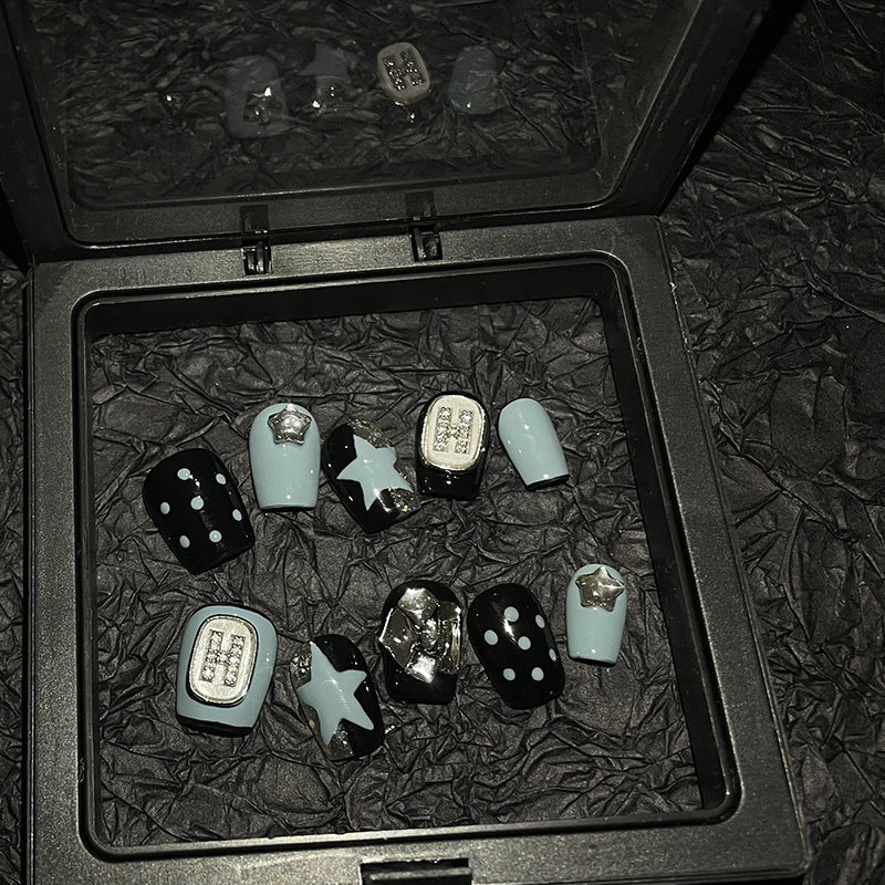 H75 BLACK DOTS & BLUE STARS HANDMADE NAIL