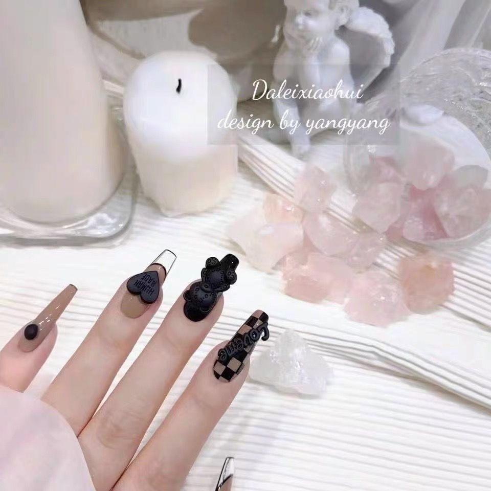 H107 Diablo Checkerboard Little Bear Love HANDMADE NAIL