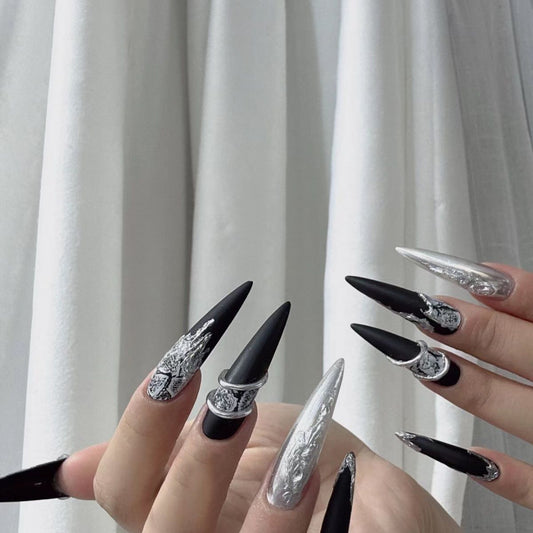H212 Dark and shiny silver snake pattern HANDMADE NAIL