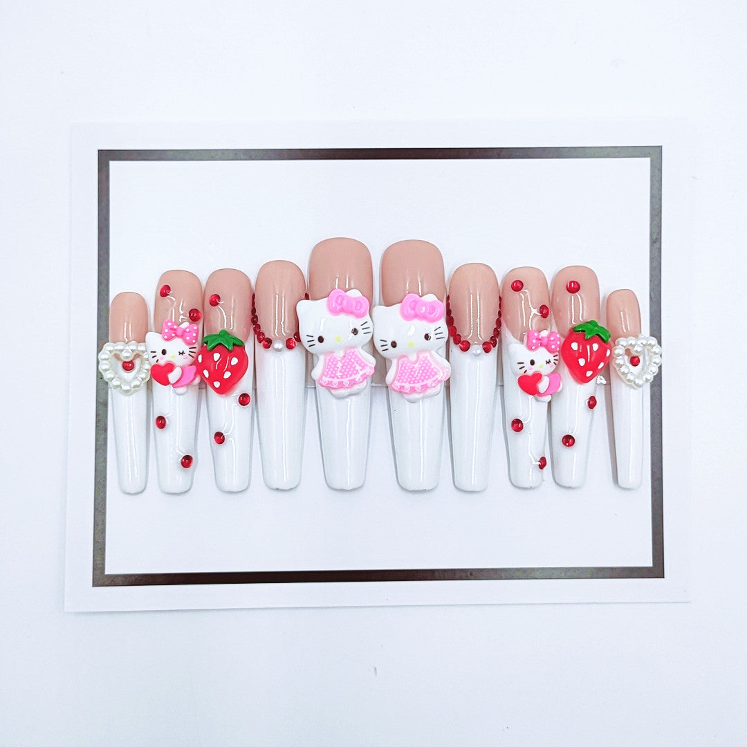 HK9 Baby Pink & White Cartoon Cat HANDMADE NAIL