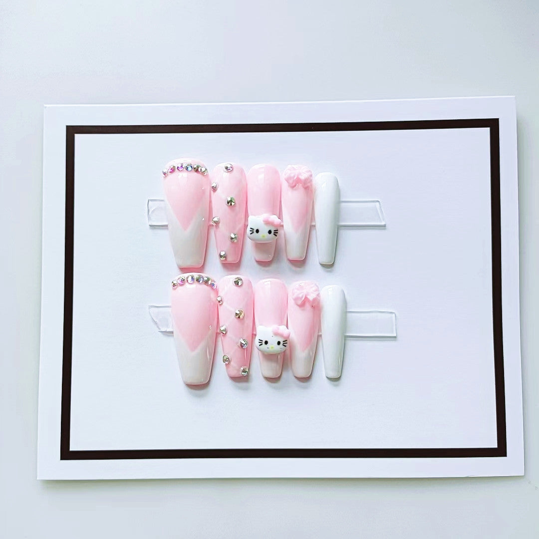 HK10 Cartoon 3D Pink Cat HANDMADE NAIL