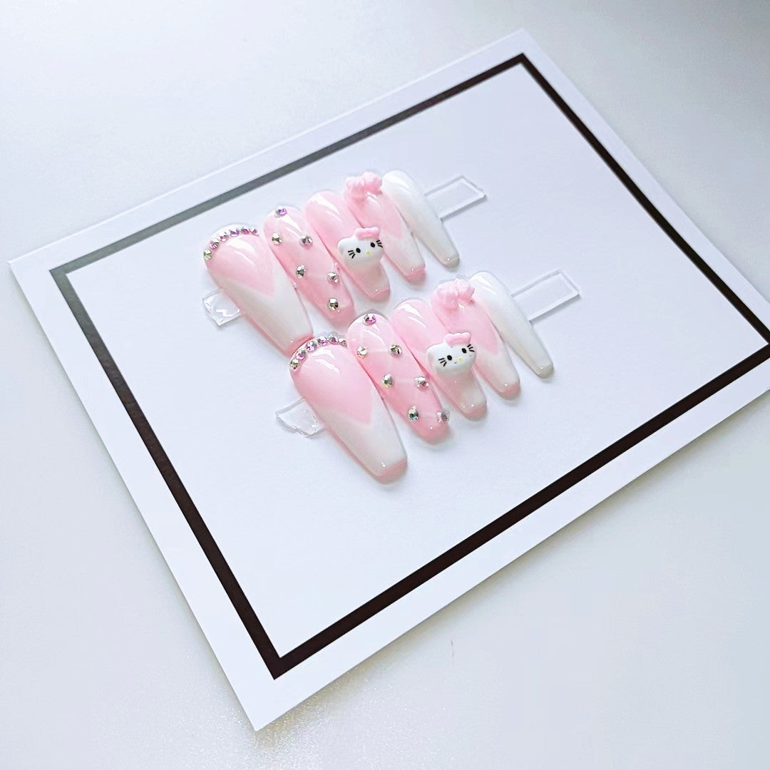 HK10 Cartoon 3D Pink Cat HANDMADE NAIL