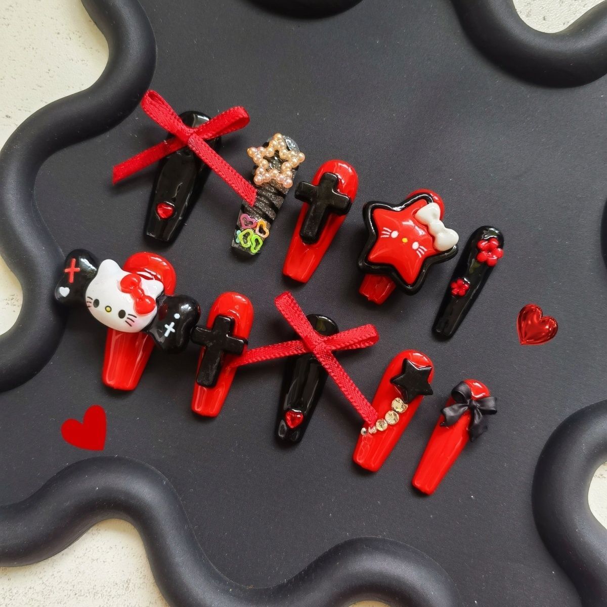 HK53 Dark Black Red Retro Cat HANDMADE NAIL