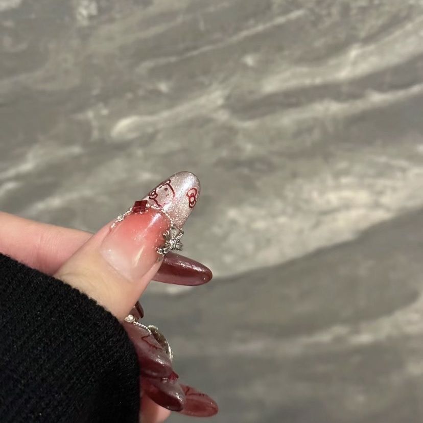 HK3 Watermelon Red Pigeon Egg Gemstone Cat HANDMADE NAIL