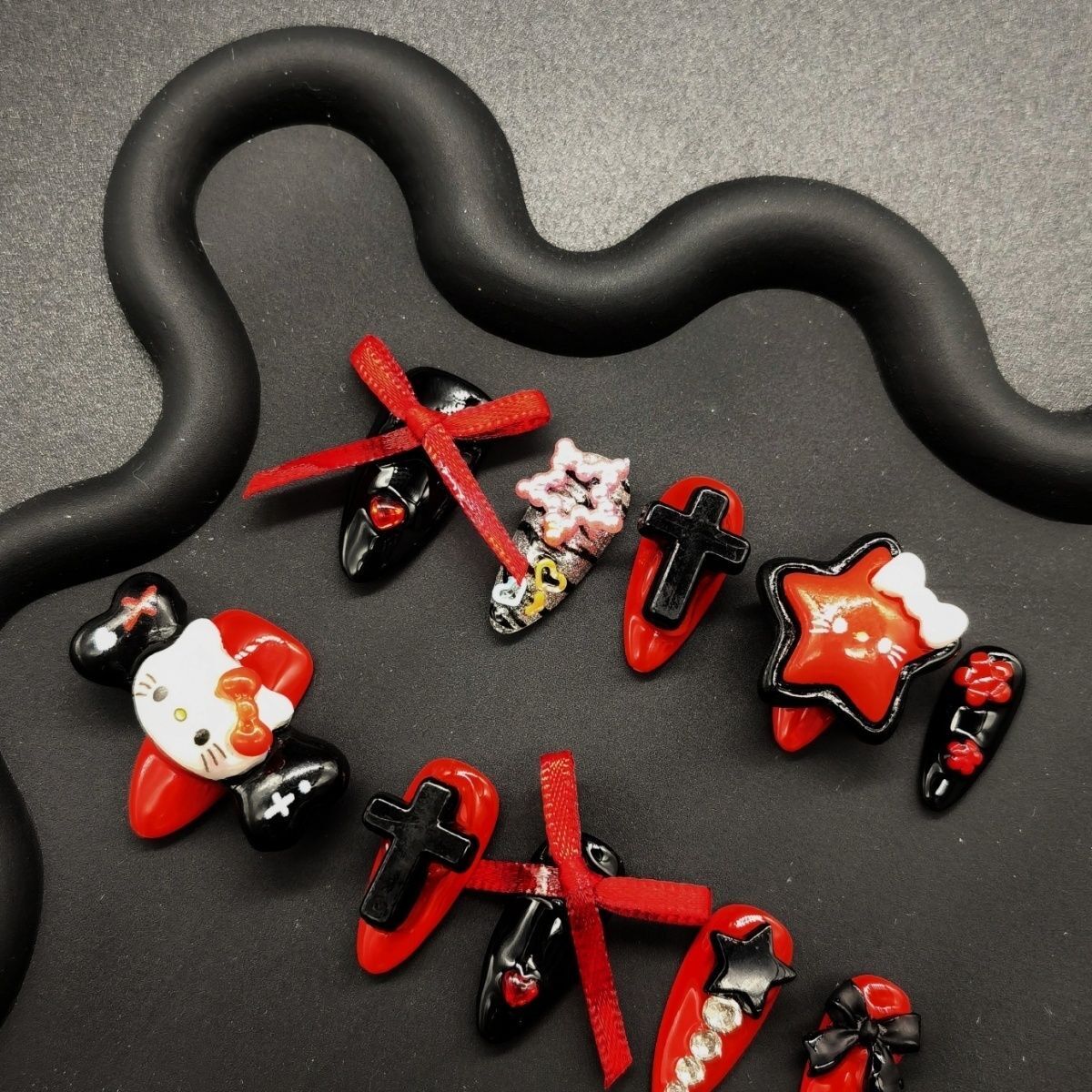 HK53 Dark Black Red Retro Cat HANDMADE NAIL