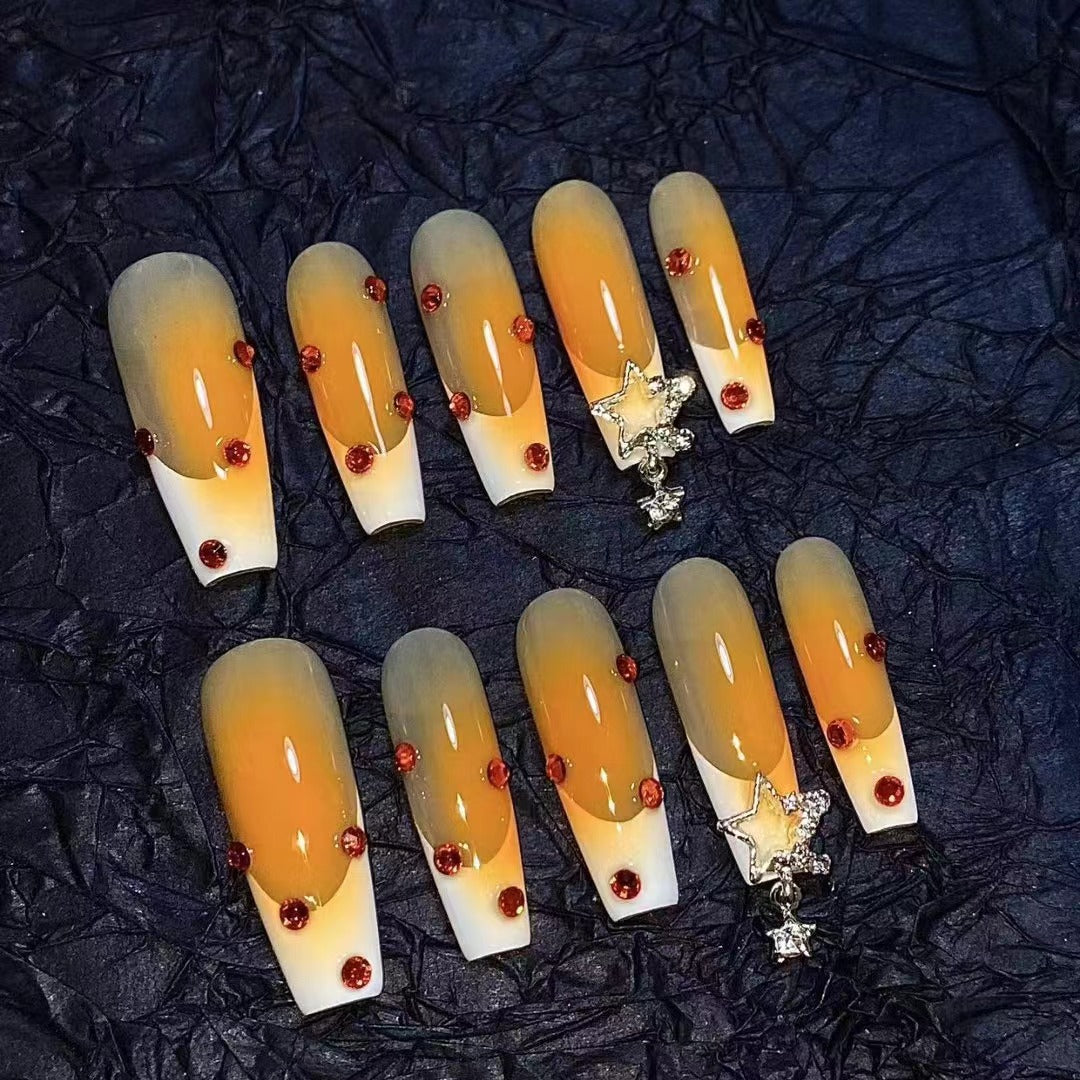 H243 ORANGE RUBY STAR HANDMADE NAIL