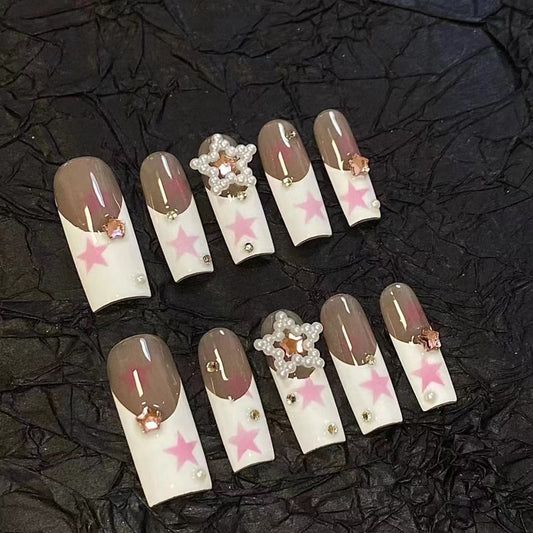 H244 COFFEE MILK WHITE PINK STAR HANDMADE NAIL