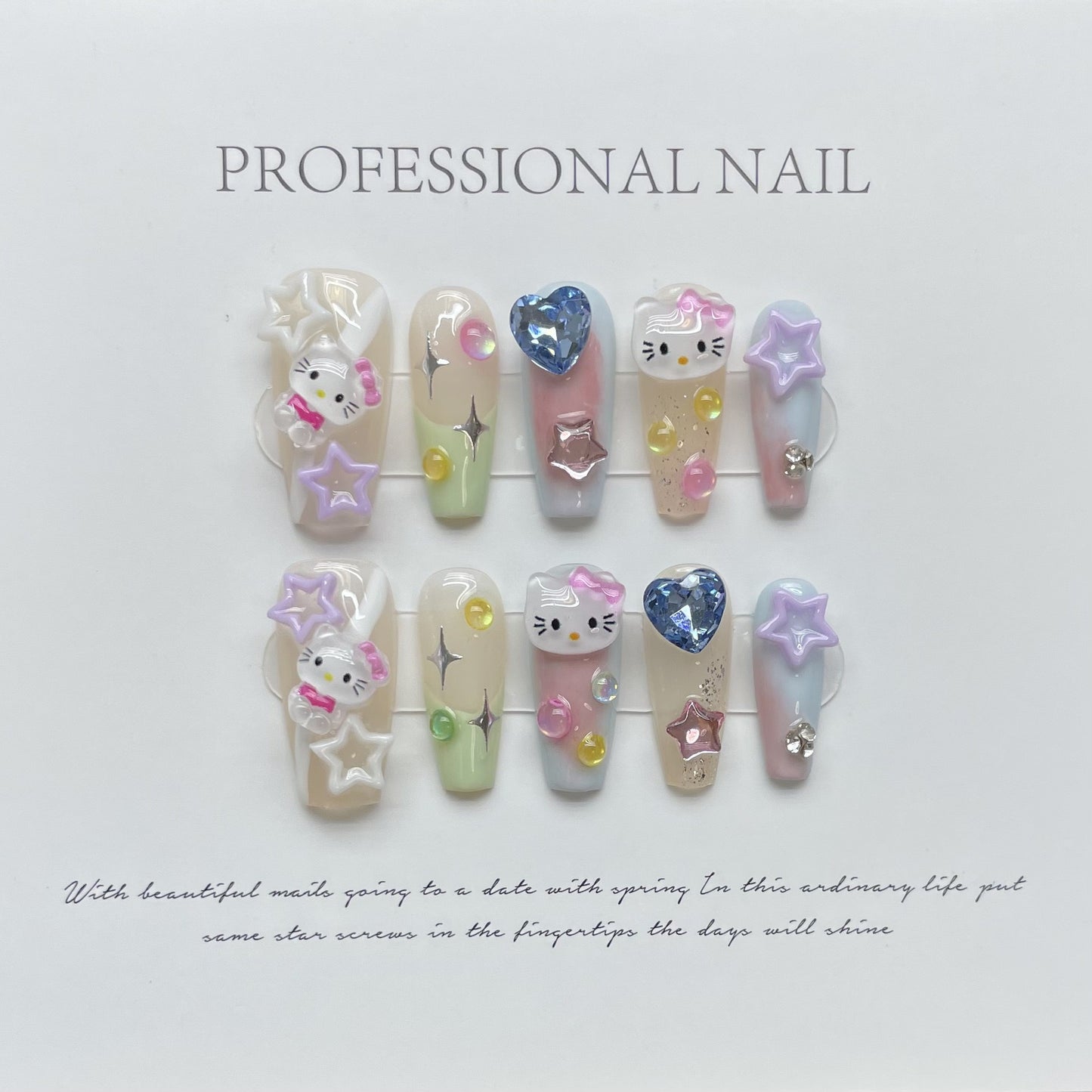 HK16 RAINBOW CUTE GEM Cat HANDMADE NAIL
