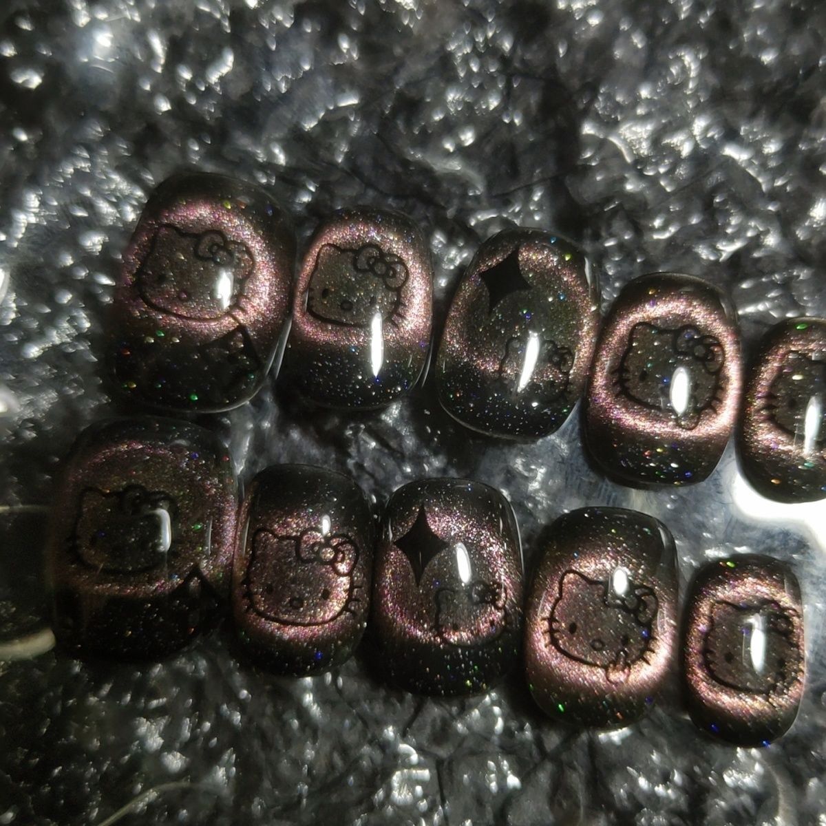 HK7 Cat's Eye Black Transparent Head Cat HANDMADE NAIL