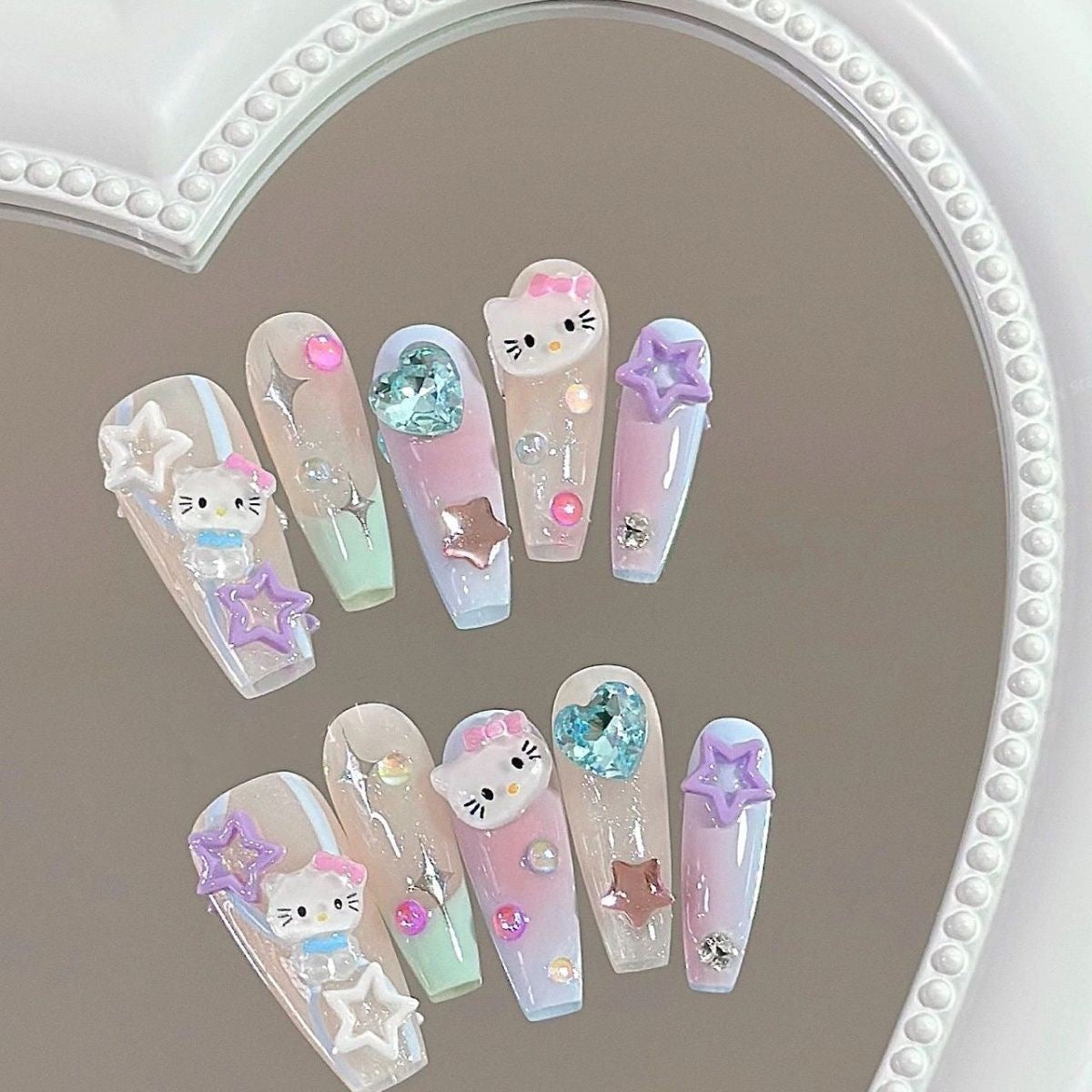 HK16 RAINBOW CUTE GEM Cat HANDMADE NAIL