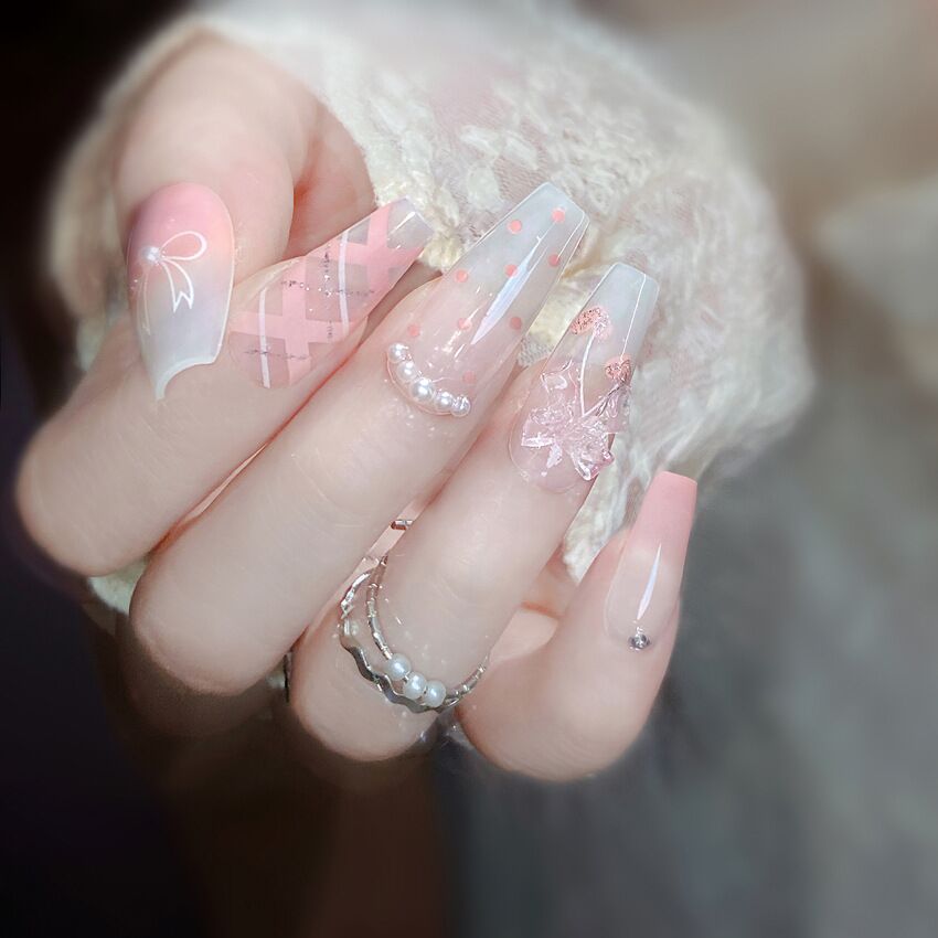 F41 Ladies light pink butterfly pattern LONG NAIL