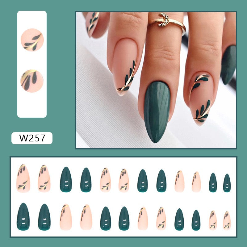 S38 BABY PINK & GREEN LEAVES SHORT NAIL