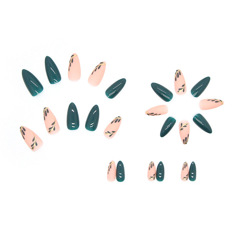 S38 BABY PINK & GREEN LEAVES SHORT NAIL