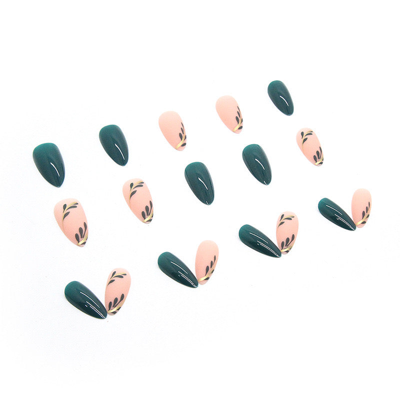 S38 BABY PINK & GREEN LEAVES SHORT NAIL
