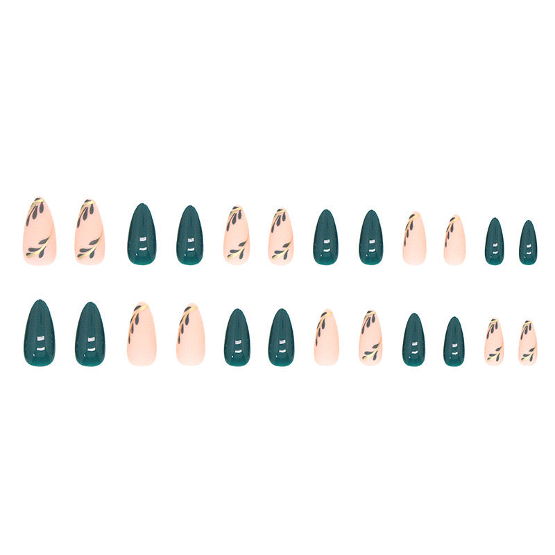 S38 BABY PINK & GREEN LEAVES SHORT NAIL
