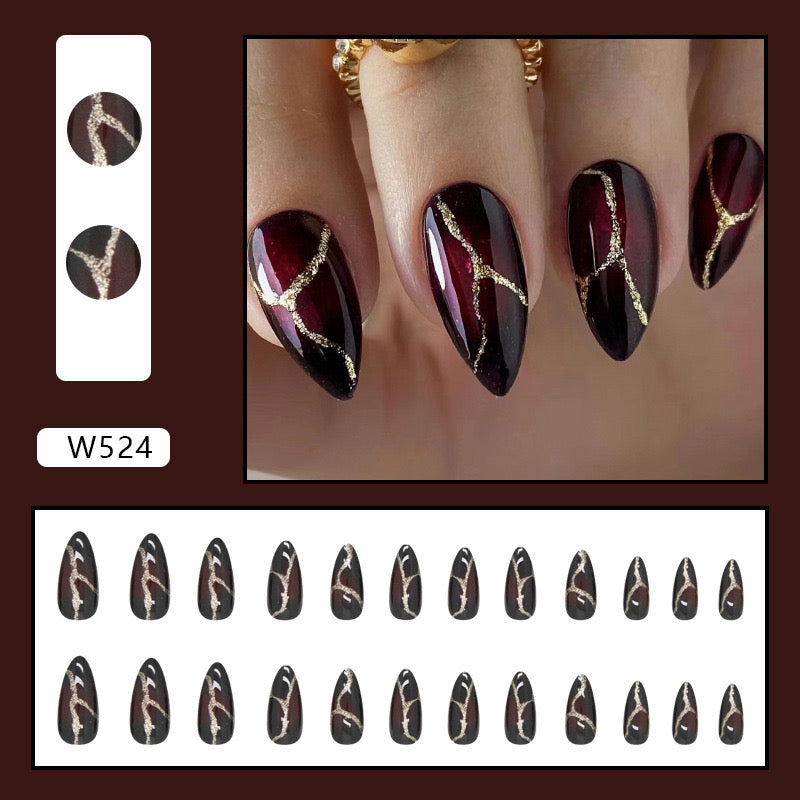 S41 WINE RED GOLD STRIPE SHORT NAIL