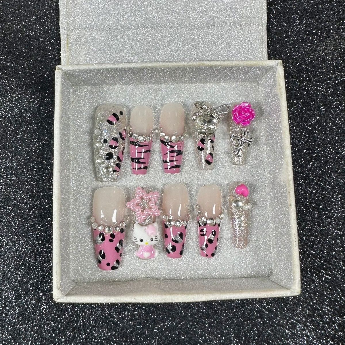 HK40 Leopard Print Rhinestone Cross Rose Cat HANDMADE NAIL