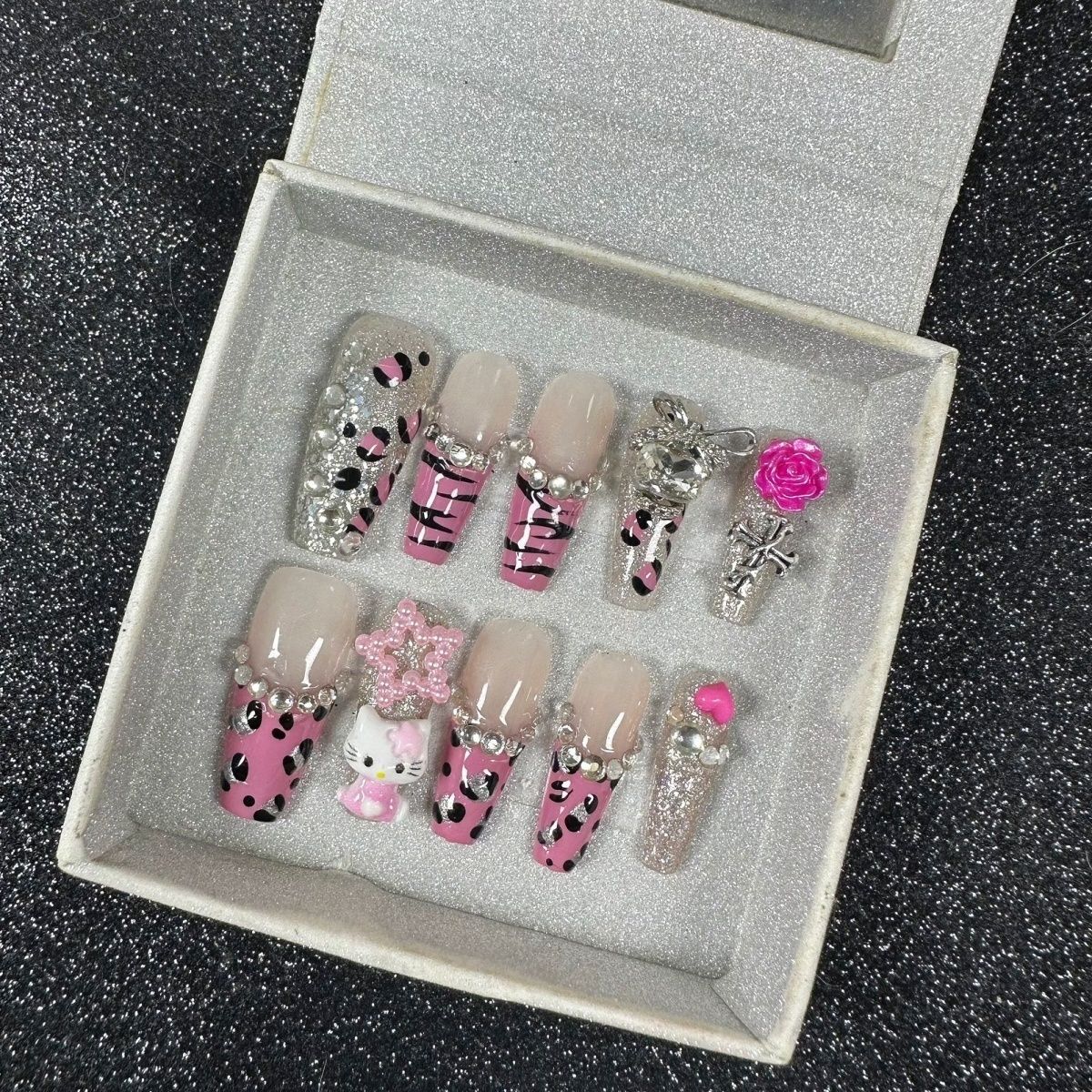 HK40 Leopard Print Rhinestone Cross Rose Cat HANDMADE NAIL