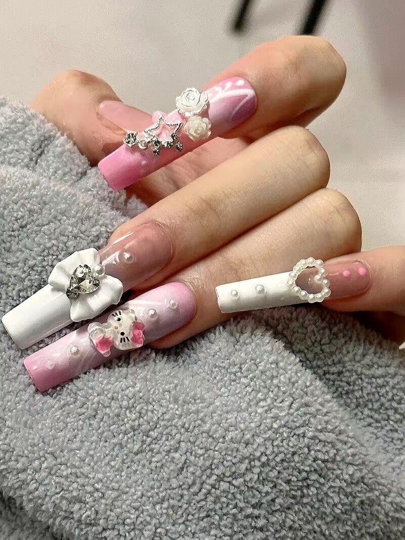 HK8 Flowers Bows Pearls Cute Cat HANDMADE NAIL