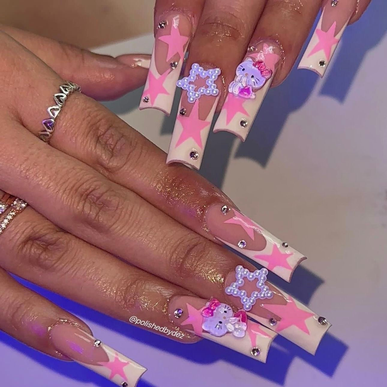 HK23 Cute Hand Drawn Star Cartoon Cat HANDMADE NAIL