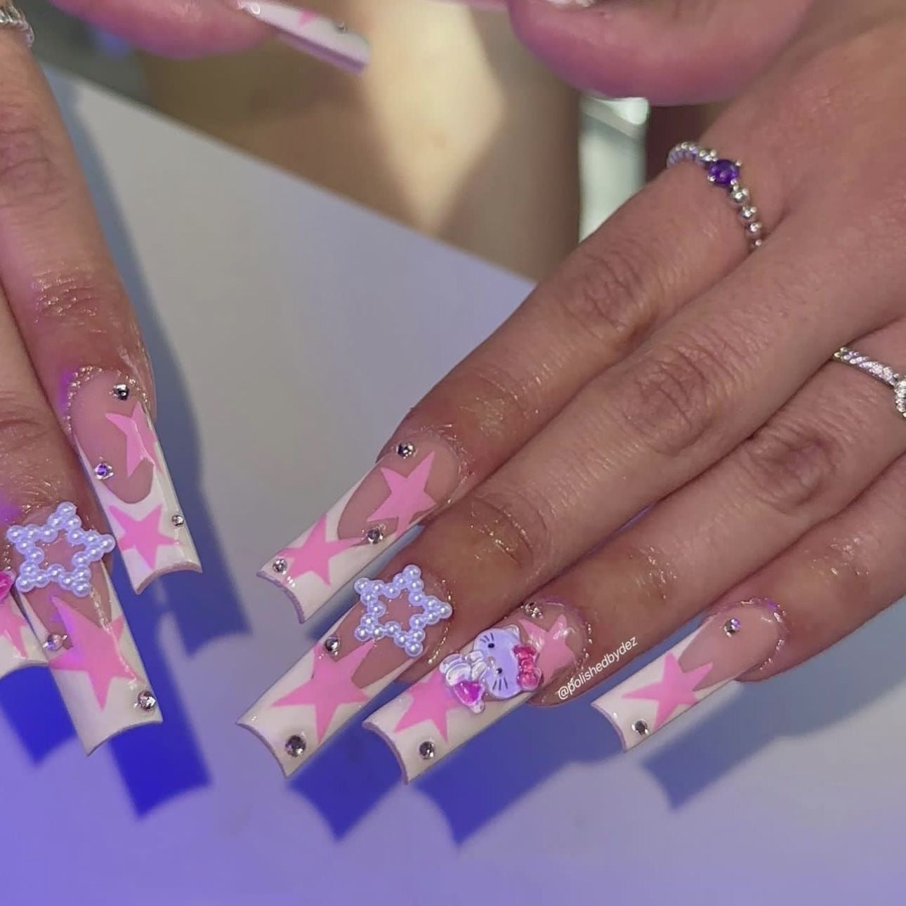 HK23 Cute Hand Drawn Star Cartoon Cat HANDMADE NAIL