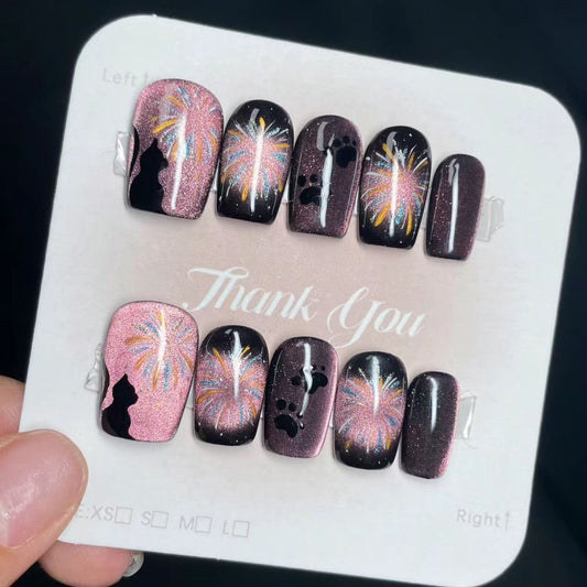 HK1 Fireworks & Make Wishes Cat HANDMADE NAIL