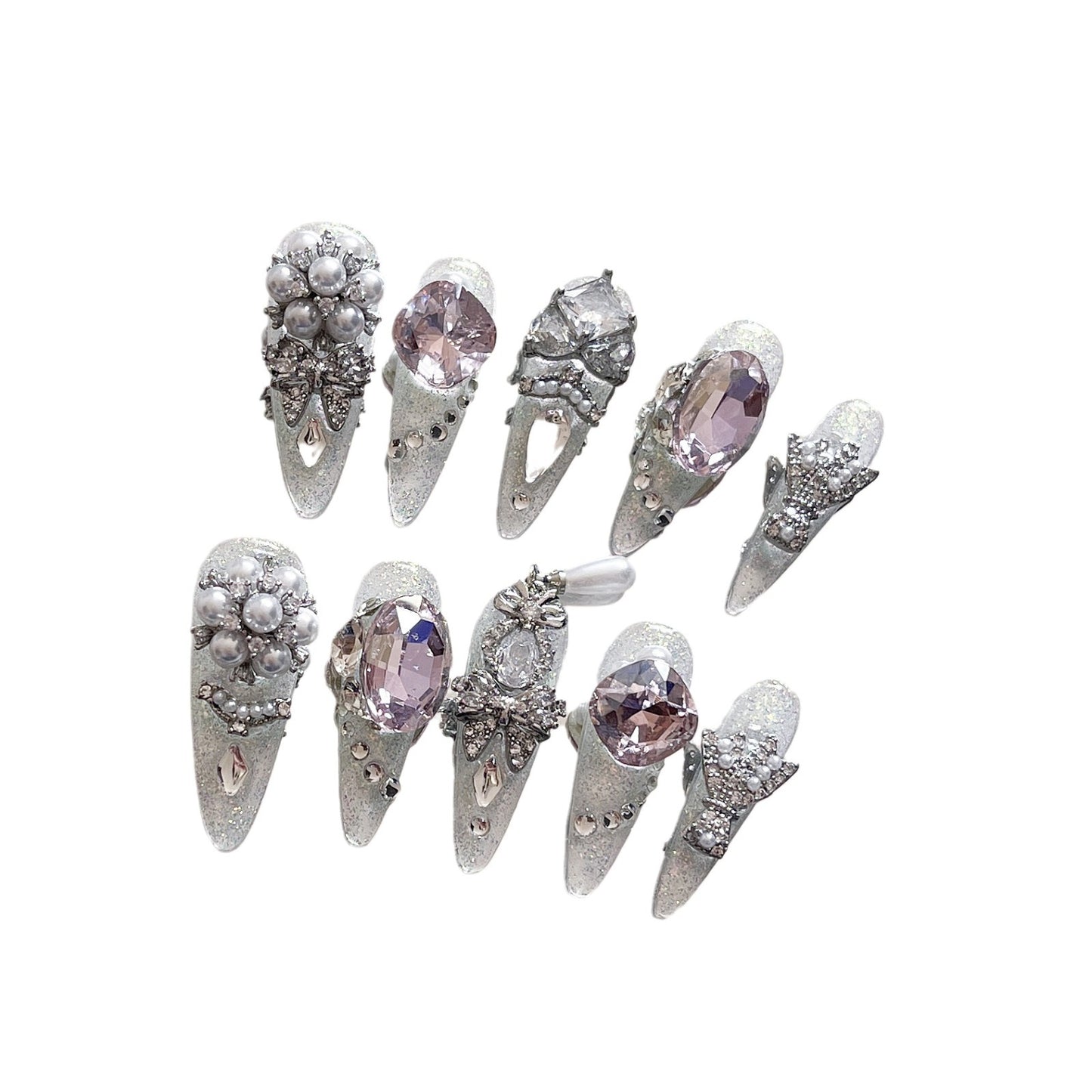 H302 Spring River flowers and moonlit nights with full of diamonds HANDMADE NAIL