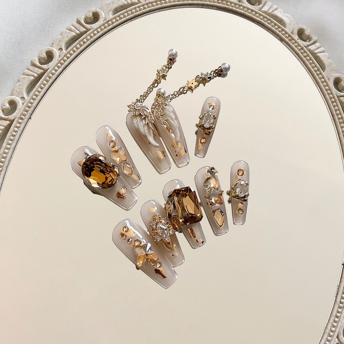 H307 Hand drawn heiress champagne diamonds  HANDMADE NAIL