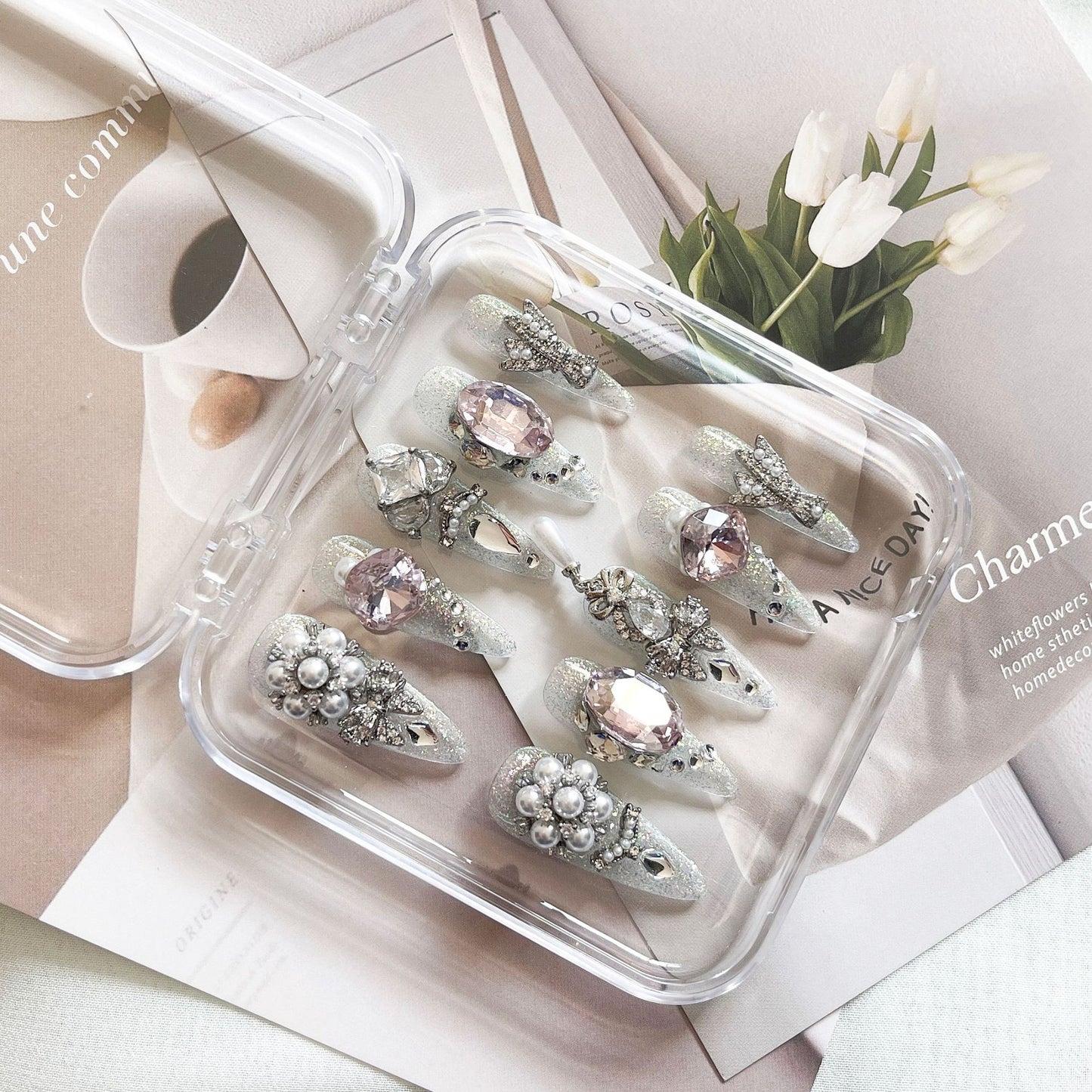 H302 Spring River flowers and moonlit nights with full of diamonds HANDMADE NAIL