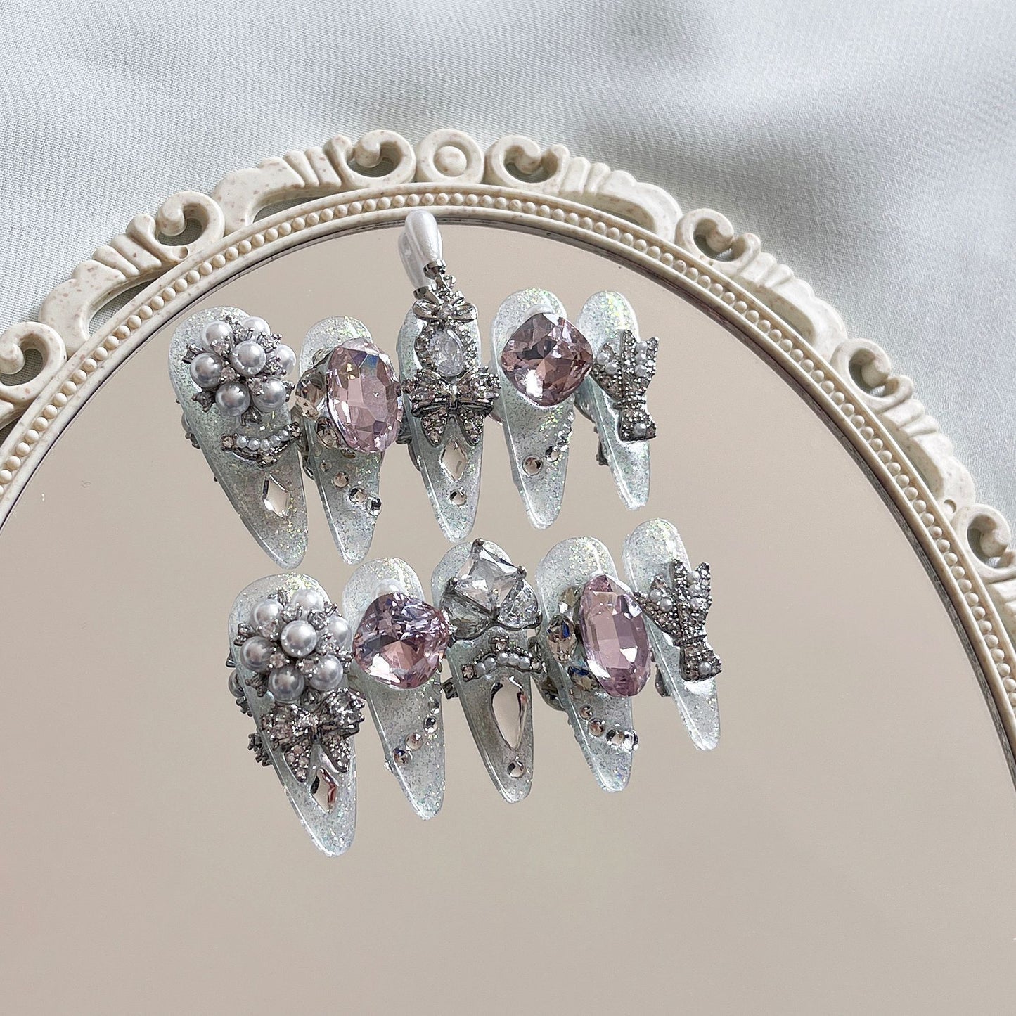 H302 Spring River flowers and moonlit nights with full of diamonds HANDMADE NAIL