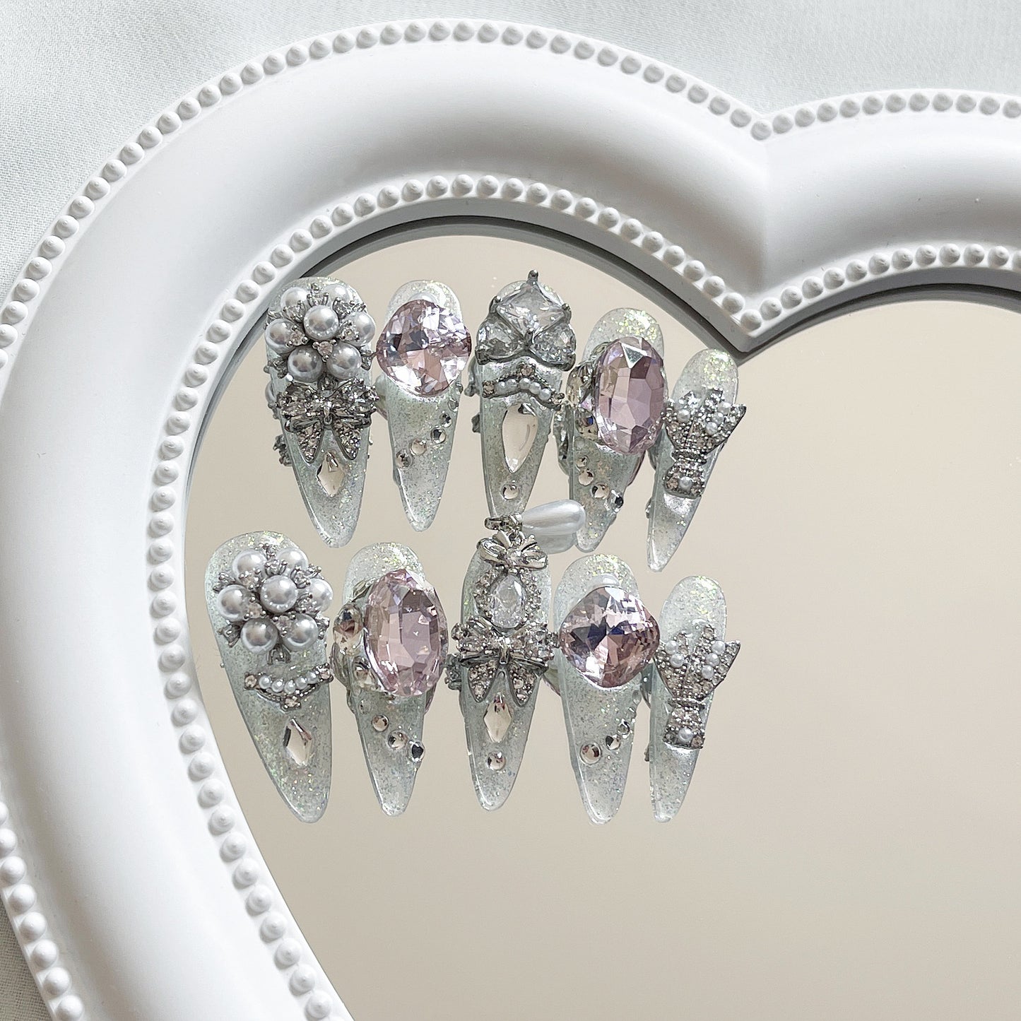 H302 Spring River flowers and moonlit nights with full of diamonds HANDMADE NAIL