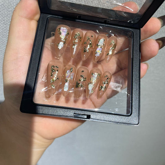 H162 NUDE PINK Naked Pink Gold Fragmented Leaves HANDMADE NAIL