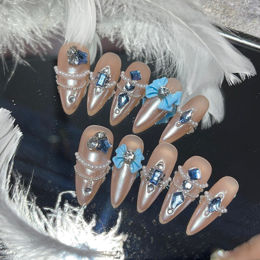 H157 BLUE BOW Y2K HANDMADE NAIL