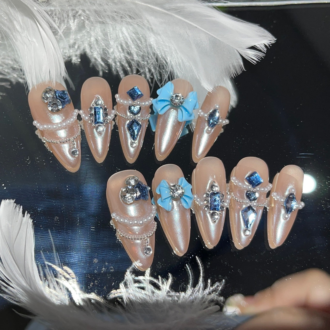 H157 BLUE BOW Y2K HANDMADE NAIL