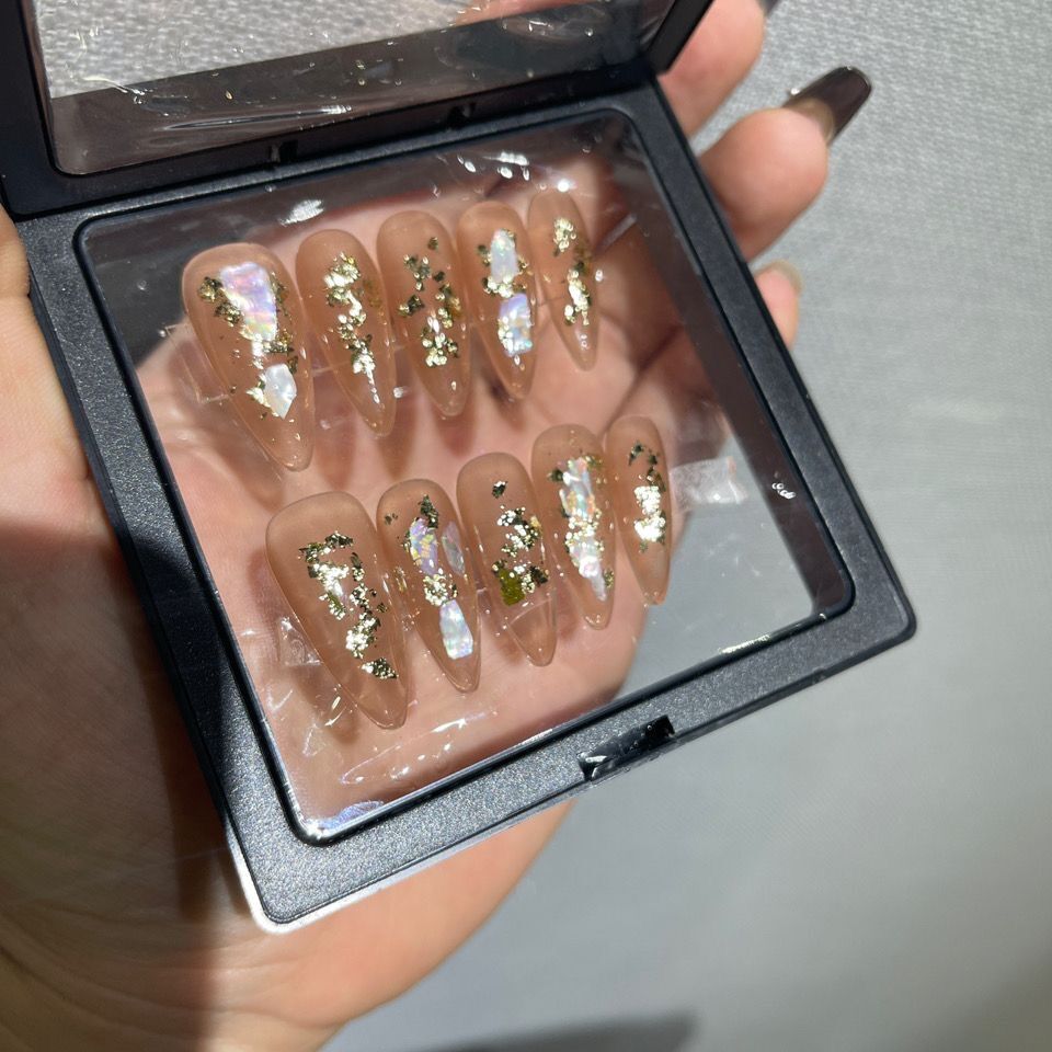 H162 NUDE PINK Naked Pink Gold Fragmented Leaves HANDMADE NAIL