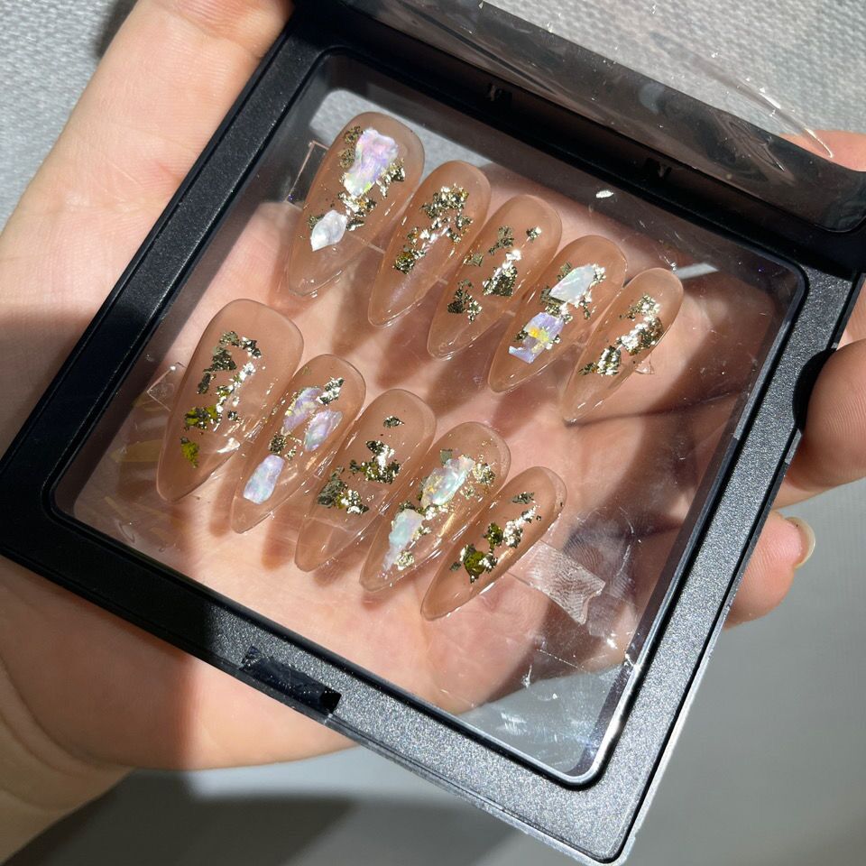 H162 NUDE PINK Naked Pink Gold Fragmented Leaves HANDMADE NAIL