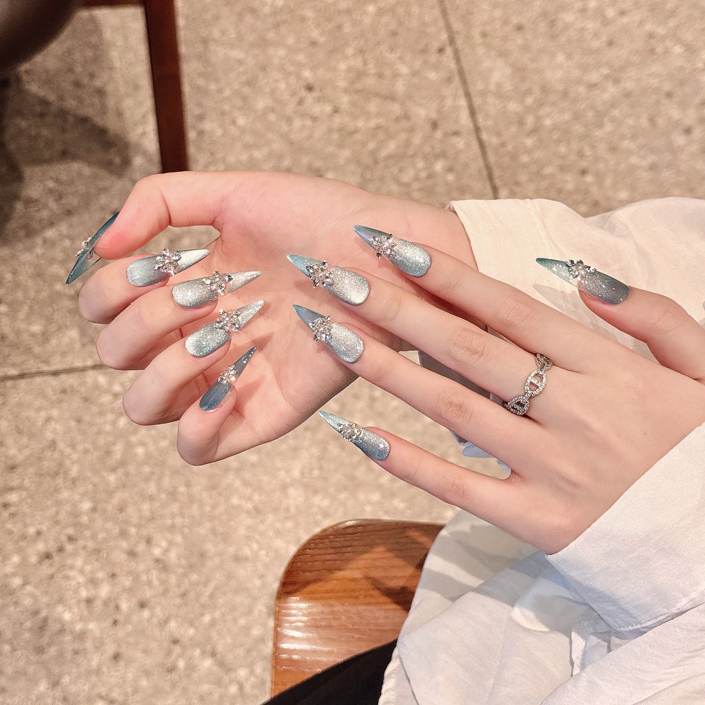 H315 Blue Ocean Crystal Diamond Flower HANDMADE NAIL