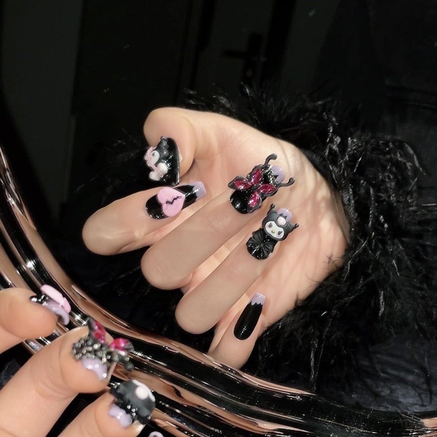 H311 Black KUKU Heart Pink Diamond Butterfly HANDMADE NAIL