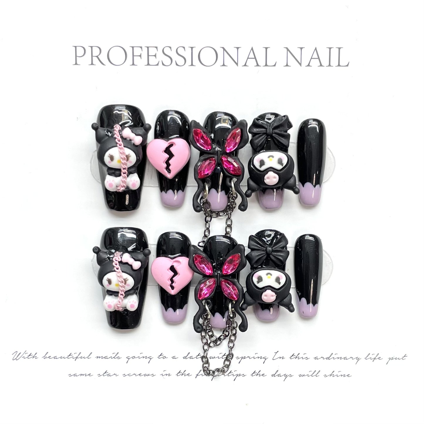 H311 Black KUKU Heart Pink Diamond Butterfly HANDMADE NAIL