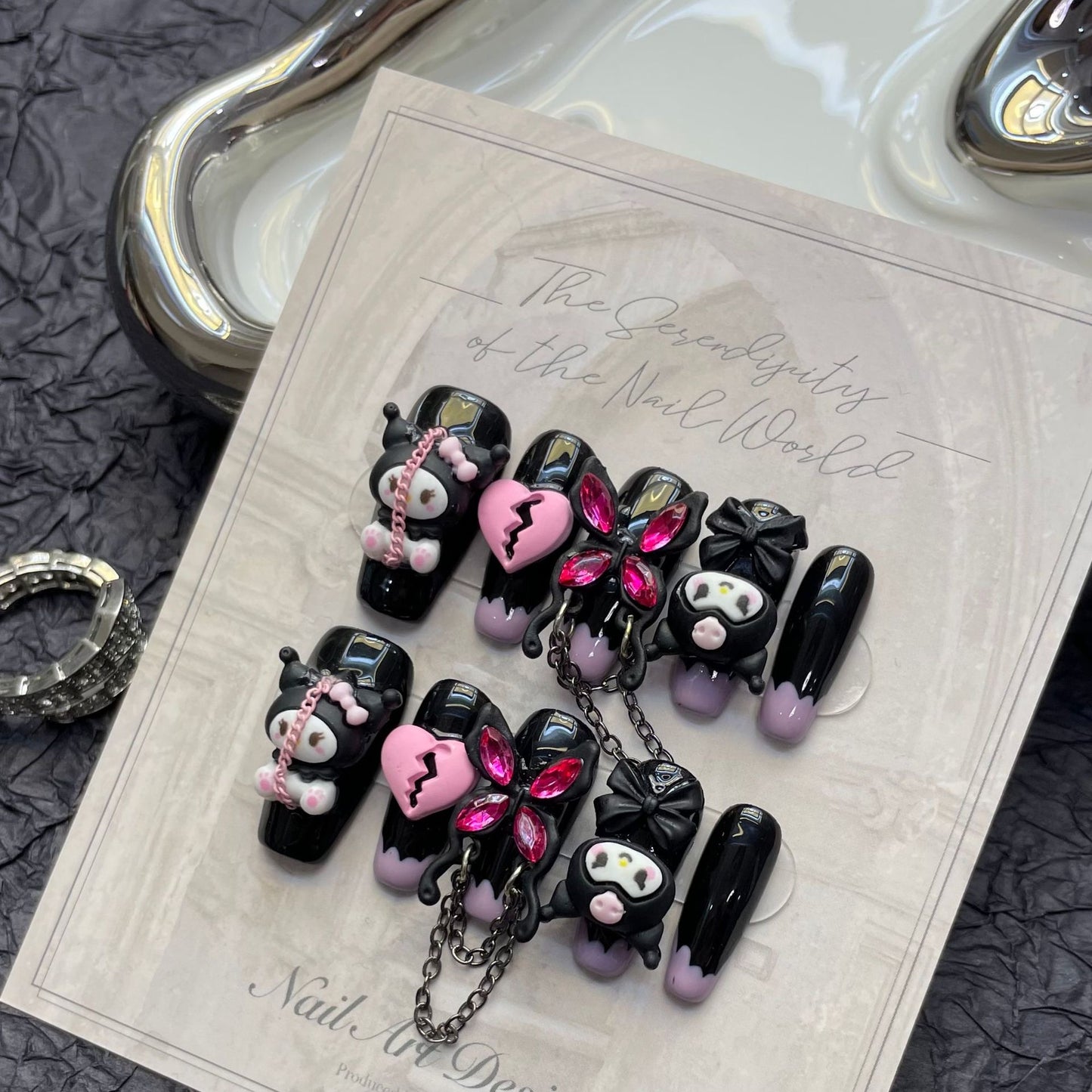 H311 Black KUKU Heart Pink Diamond Butterfly HANDMADE NAIL