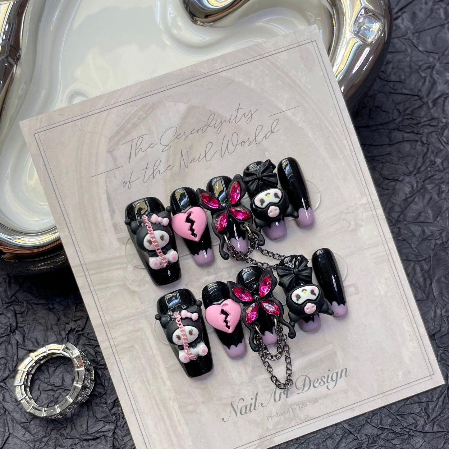 H311 Black KUKU Heart Pink Diamond Butterfly HANDMADE NAIL