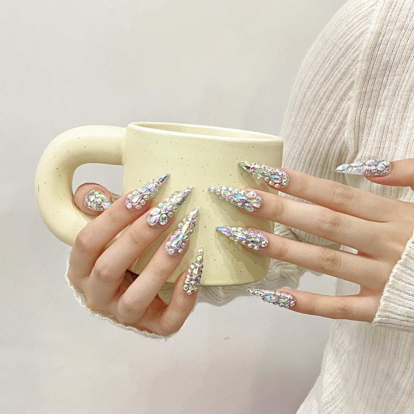 H312 Laser Silver Droplet Diamond HANDMADE NAIL