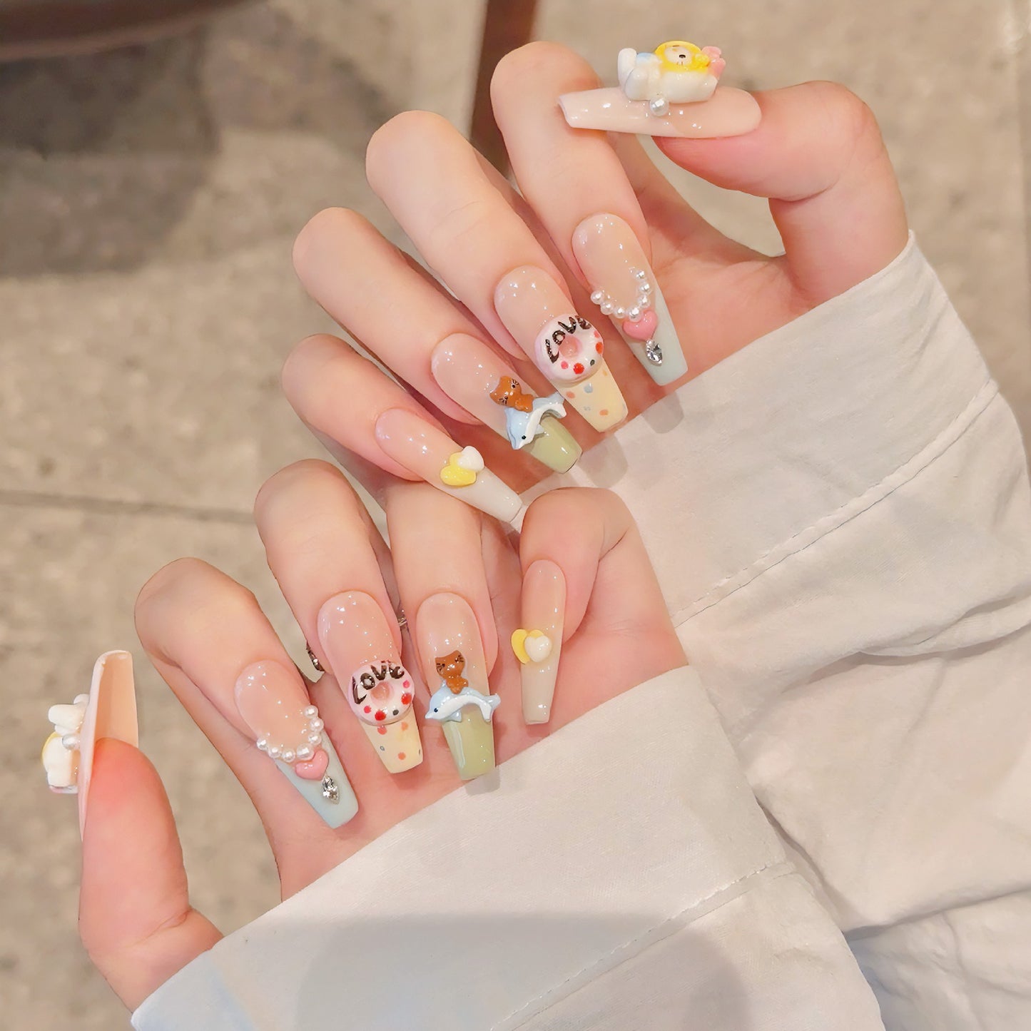 H313 Hawaiian Style Dolphin Donut Cat HANDMADE NAIL