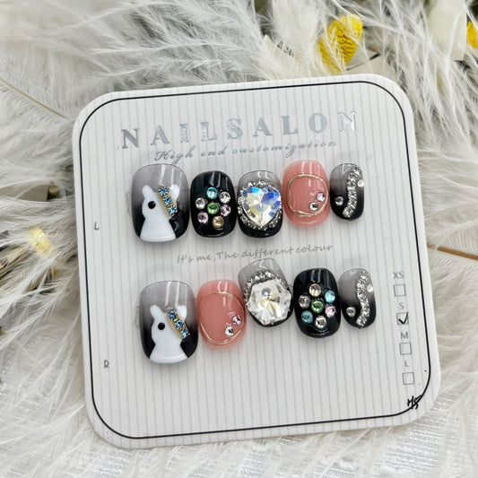 HK21 FANCY WHITE CAT CRYSTAL HANDMADE NAIL