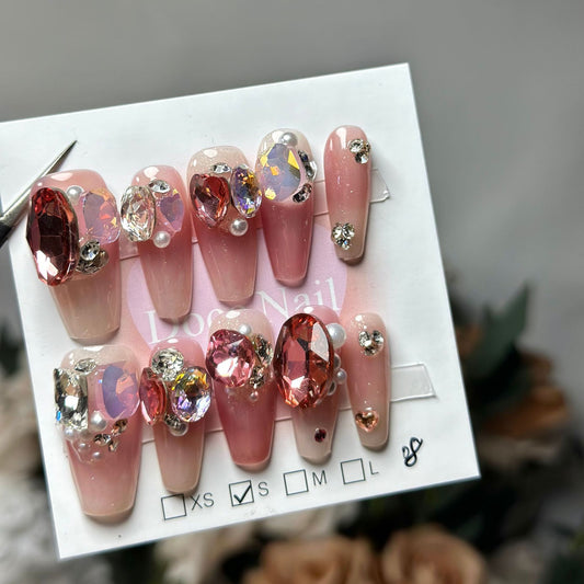 H41 NUDE RUBY CRYSTAL PEARL HANDMADE NAIL